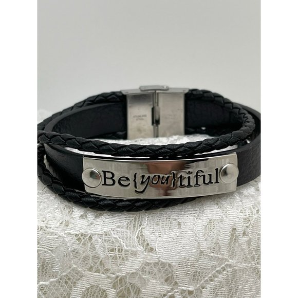 "Be{you}tiful" Stainless Steel & Black Faux Leather Easy Clasp Bracelet - Picture 2 of 11
